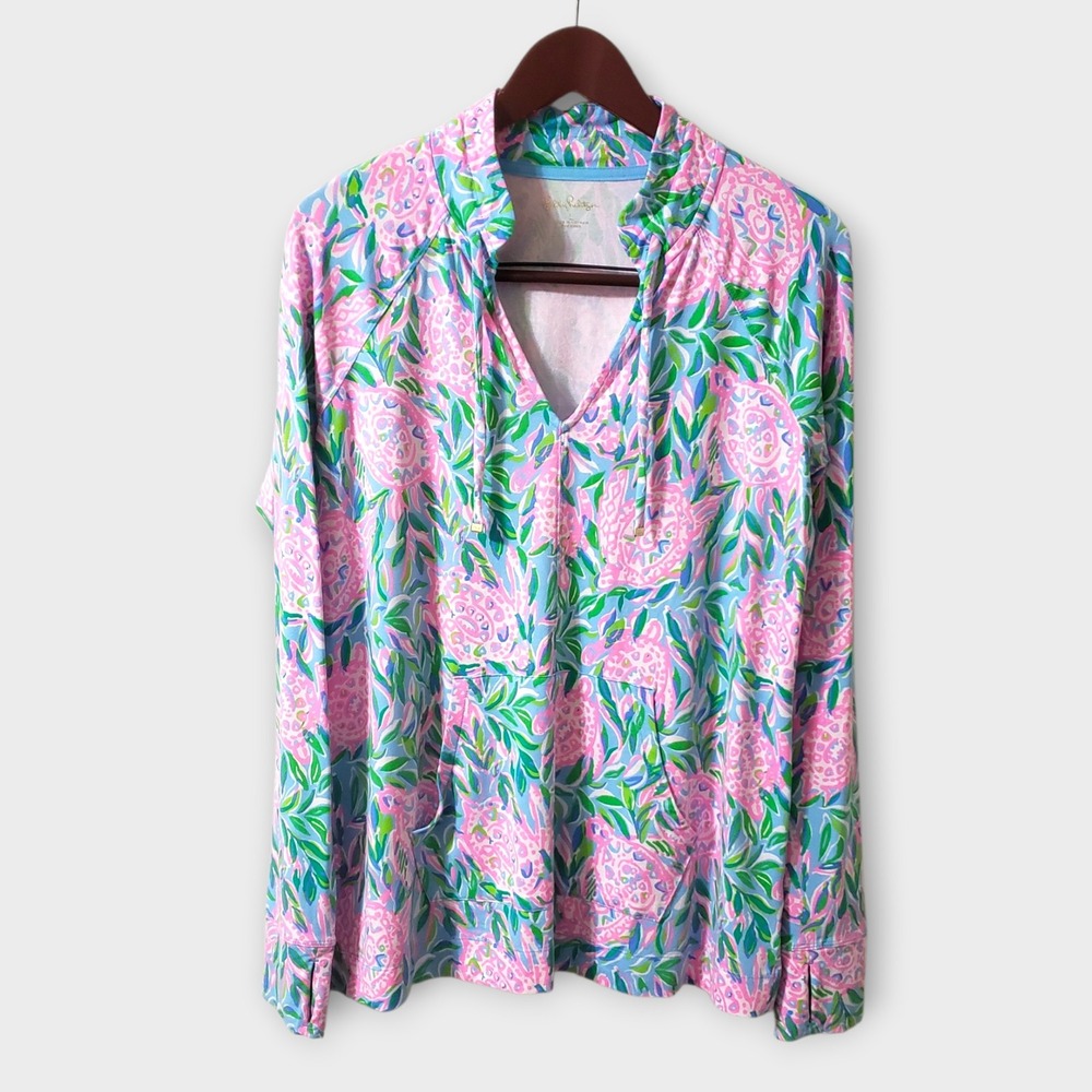 Lilly Pulitzer Luxletic Cassi Popover Blue Turtely In Love Size L 006263